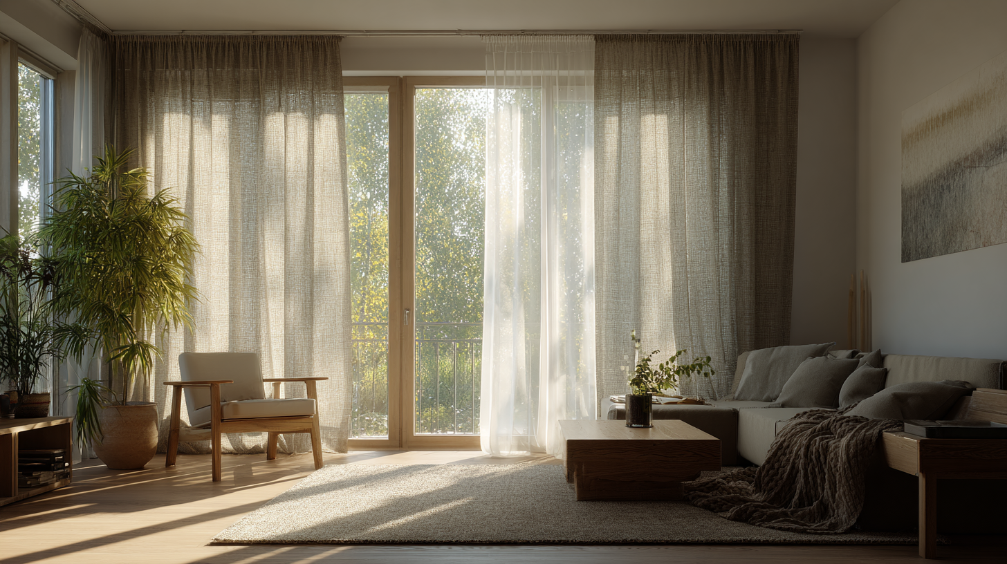 Helles Wohnzimmer mit halbtransparentem Hanfvorhang vor großem Fenster