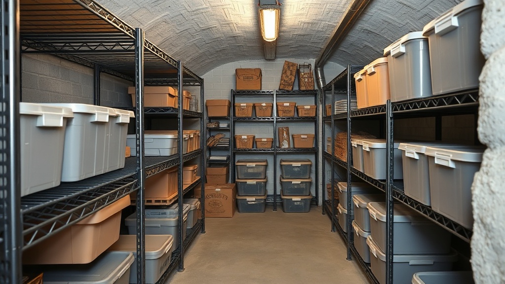 Ordentliches Kellerabteil mit Metallregalen, transparenten Boxen und freiem Gang als praktisches Ordnungssystem im Mieterkeller
