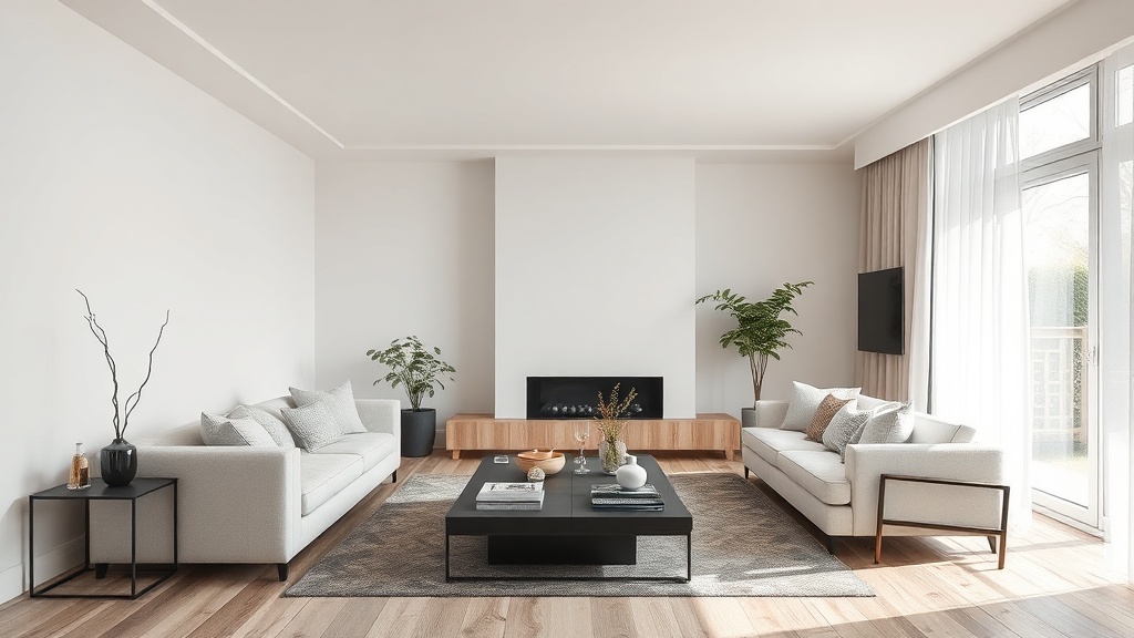 Helles Wohnzimmer mit weißer Vorhangschiene an Betondecke, bodenlangen Gardinen und sauberer Deckenmontage im modernen Stil.